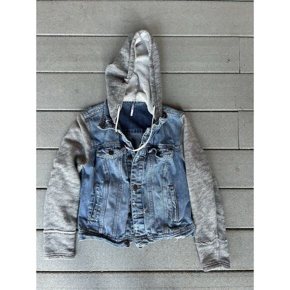 Free People Distressed Denim & Knit Sweater HOODIE Jacket S French Terry Gray - Picture 2 of 4